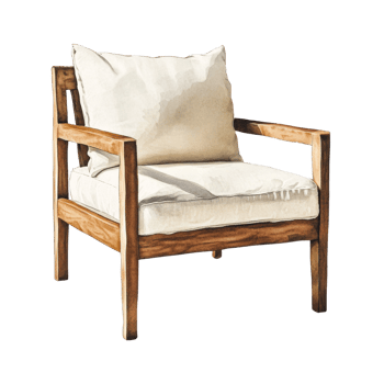 Wooden Armchair with Off White Cushions and Frame png