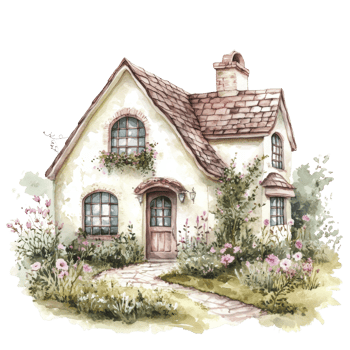 Watercolor Painting of a Charming Cottage Garden Home png