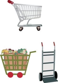 Shopping carts, hand truck and grocery bags full of fresh food representing retail, delivery and shopping vector