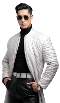 A man in a white jacket and black shirt png
