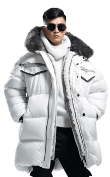 A man in a white down jacket and sunglasses png