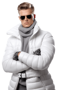 Young man Fashion model in a white puffy jacket and sunglasses pose png