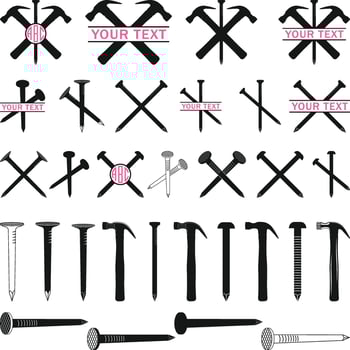 Hammer and Nail Monogram Designs, Nails Bundle, Carpenter Nail, Construction Building Worker vector