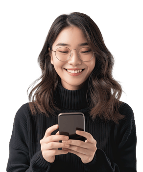 A woman wearing glasses and a black sweater is smiling while holding a smart phone png