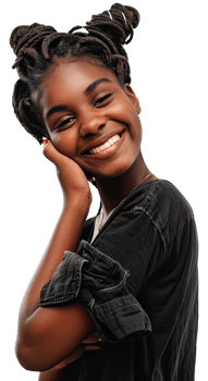 an african american girl smiling with her hands on her chin png