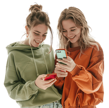 two girls in sweatshirt looking at their phones png