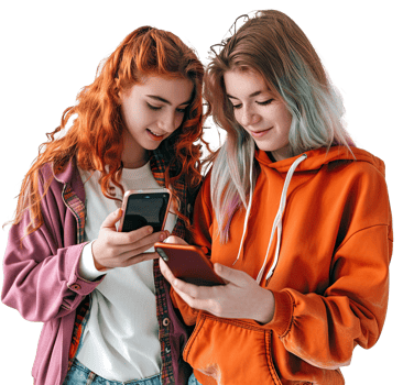two young women in hoodies looking at their phones png