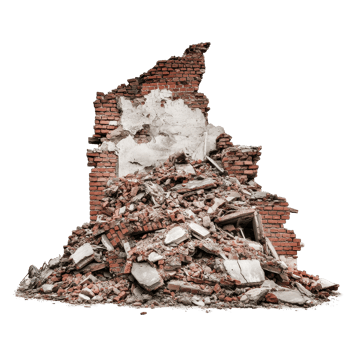 Ruined building pile shows destruction and decay in urban environment against clean Transparent background, Ruined building pile isolated on png
