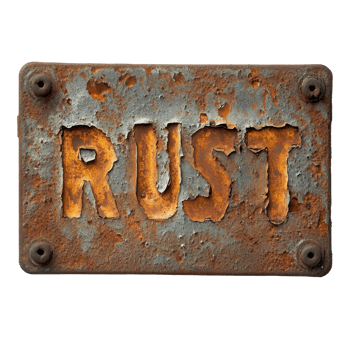 Rusty sign with the word rust prominently displayed against a Transparent background, rusty sign that says rust cast on a png