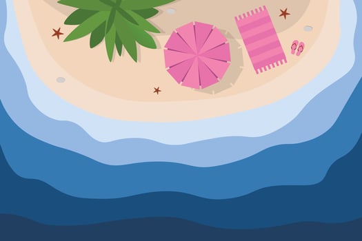 Hello summer banner. Top view island sand beach background with umbrella. Summer vacation poster vector