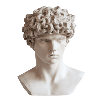 White marble bust of a young man with curly hair against a Transparent background, white bust a man with curly hair, background png