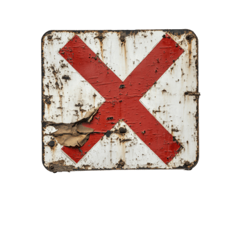 Old battered sign with worn red cross symbol highlights forgotten area near rural road, X-Marked Object Interest An Old Battered Sign with a Red X on the Left, Transparent background png