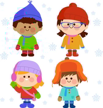Group of children in warm winter season clothes and accessories. Kids in coats, hats and gloves, cold weather clothing. vector