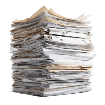 Stacked paperwork and documents piled high in an organized yet chaotic manner for office management tasks, Stack paper documents files paperwork isolated magazines png