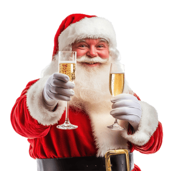 Santa Claus celebrates with champagne and joy during the festive season, Santa claus with one glass champagne, celebrating the new year, on Transparent background, background png