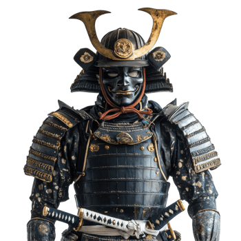 Samurai armor with helmet and katana displayed against a Transparent background, Samurai Armor with Helmet and Katana, png