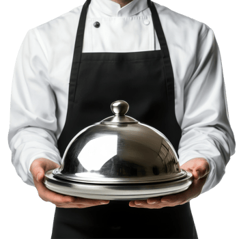 Waiter presenting stainless steel cloche with professional attire and Transparent background, Waiter with Stainless Steel Cloche isolated on png