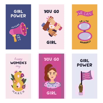 Trendy colourful vertical stories set for International Women s Day with girl power, woman rights clipart, motivational lettering. Holiday banner for social media with lady, mirror, megaphone, eight. vector