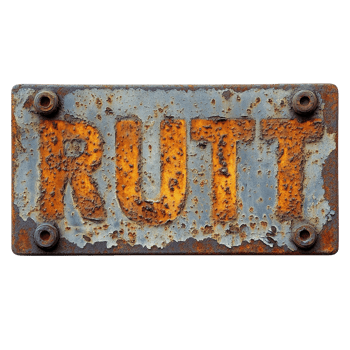 Rusty sign with 'rust cast' lettering on a Transparent background in an urban environment displaying weathered charm, rusty sign that says rust cast on a png