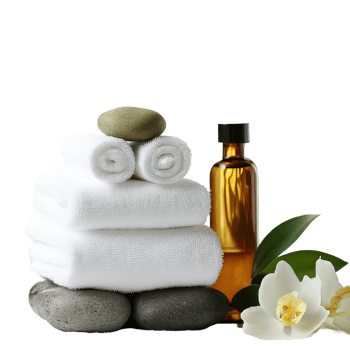 Spa relaxation essentials with neatly arranged towels, stones, and aromatherapy oil for wellness treatment, Spa and Wellness ting, Transparent background png