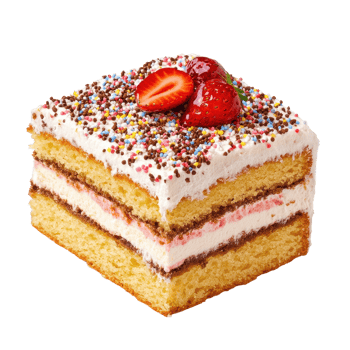 Freshly baked sponge cake with cream and strawberries on a Transparent background, sponge cake food isolated on background png
