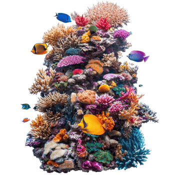 Colorful coral reef teeming with diverse fish species in a vibrant underwater ecosystem, very colorful coral reef with many different fish, Transparent background, background png