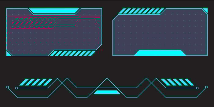 HUD digital futuristic user interface horizontal frame. Sci Fi high tech screen. Cyberpunk game menu touching monitoring hologram dashboard panel. Cyberspace head-up display information border vector