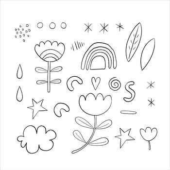 Set of abstract elements for design, linear drawings. Flowers, rainbow, stars, dots vector