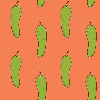 Pattern with cucumbers on an orange background. Vegetable bright rutter with cucumbers, hand drawn illustration vector