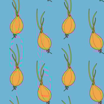 Pattern with onion on a blue background. Vegetable pattern with green onions, sprouted onions with roots vector