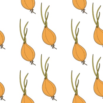 Pattern with onion on a white background. Vegetable pattern with green onions, sprouted onions with roots vector