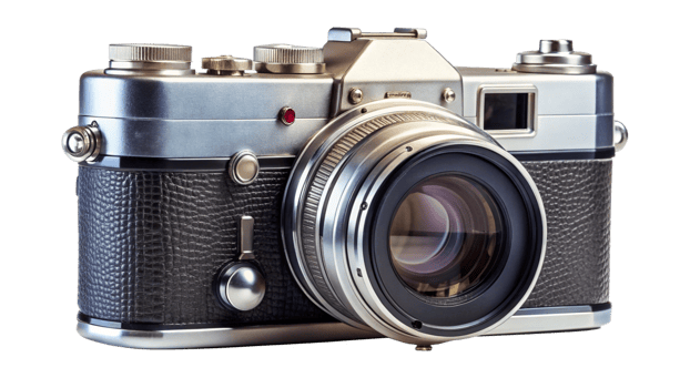 Vintage Silver Camera, Ready to Capture Memories on transparent background png