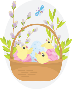 Easter illustration, cheerful chicken and eggs sitting in a basket of flowers png