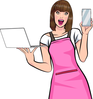 A beautiful vintage style woman, owner of a cafe business, holding a laptop and a mobile phone in her hand, showing the success of her business. png