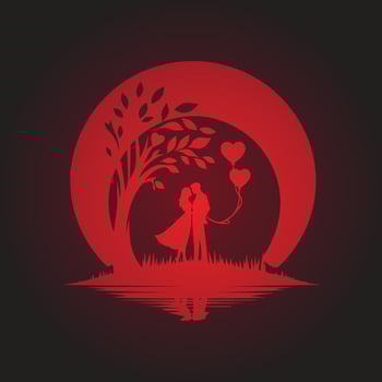 A silhouette of a couple under a tree with hearts vector