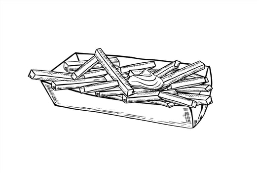 French fries in cardboard rectangular box line art black ink sketch. Monochrome hand drawn bunch of fried potato sticks in craft paper. Takeaway fast food illustration for menu design and package. vector