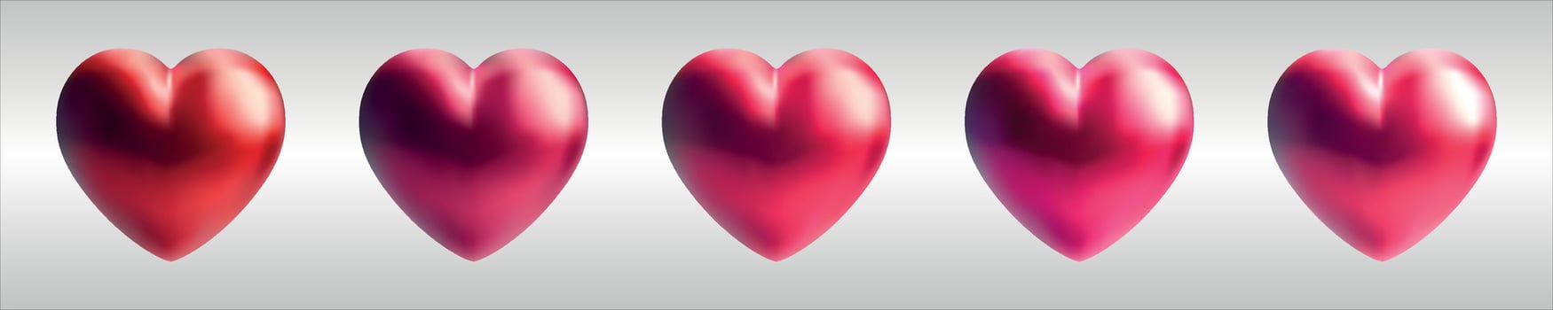 Glossy hearts on minimalist background in red, carmine, pink colors. Mesh gradient icon. Love romantic design. Template for holiday cards, Valentine's day, happy wedding. vector