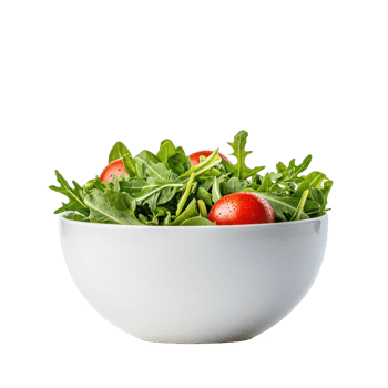 Fresh salad with vibrant greens and cherry tomatoes in a white bowl. png