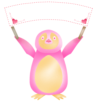 Cute pastel pink baby penguin holding a blank label png