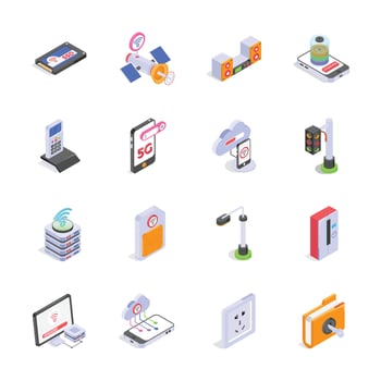 A collection of isometric icons depicting various modern technologies and connectivity devices. vector