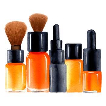 Elegant and Colorful Cosmetic Bottles with Brushes and Droppers png