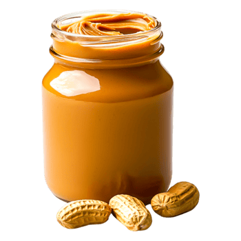 Creamy Peanut Butter in Glass Jar with Whole Peanuts Nearby png