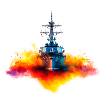 Modern Naval Destroyer with Vibrant Smoke and Colorful Explosion png