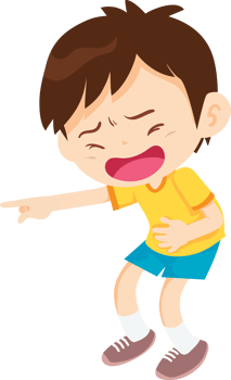 A mischievous boy arched his back, laughed hard and pointed at something. png