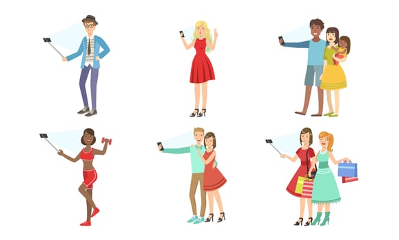 Different people take selfies. Set of illustrations. vector