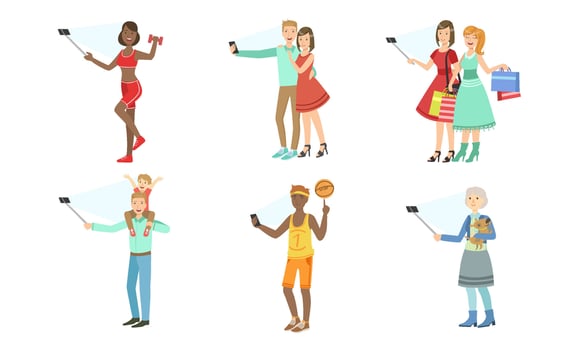 People take pictures of themselves. Set of illustrations. vector