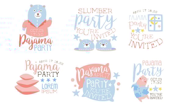 Pajama Party Invitation Card Templates Set, Slumber Party Pink and Blue Labels Illustration vector