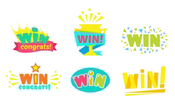 Win, Congrats, Colorful Congratulation Labels, Childish Stickers Illustration vector