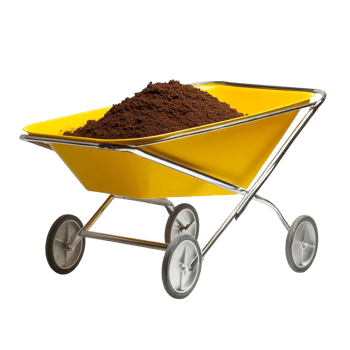 Yellow wheelbarrow filled with dark soil ready for gardening png