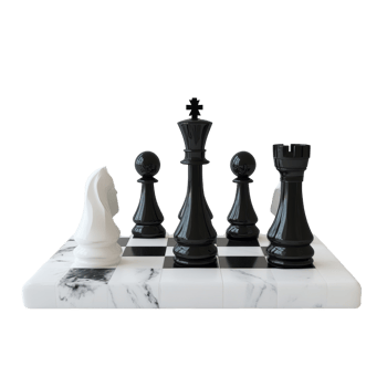 Black and white chess pieces on a marble board png